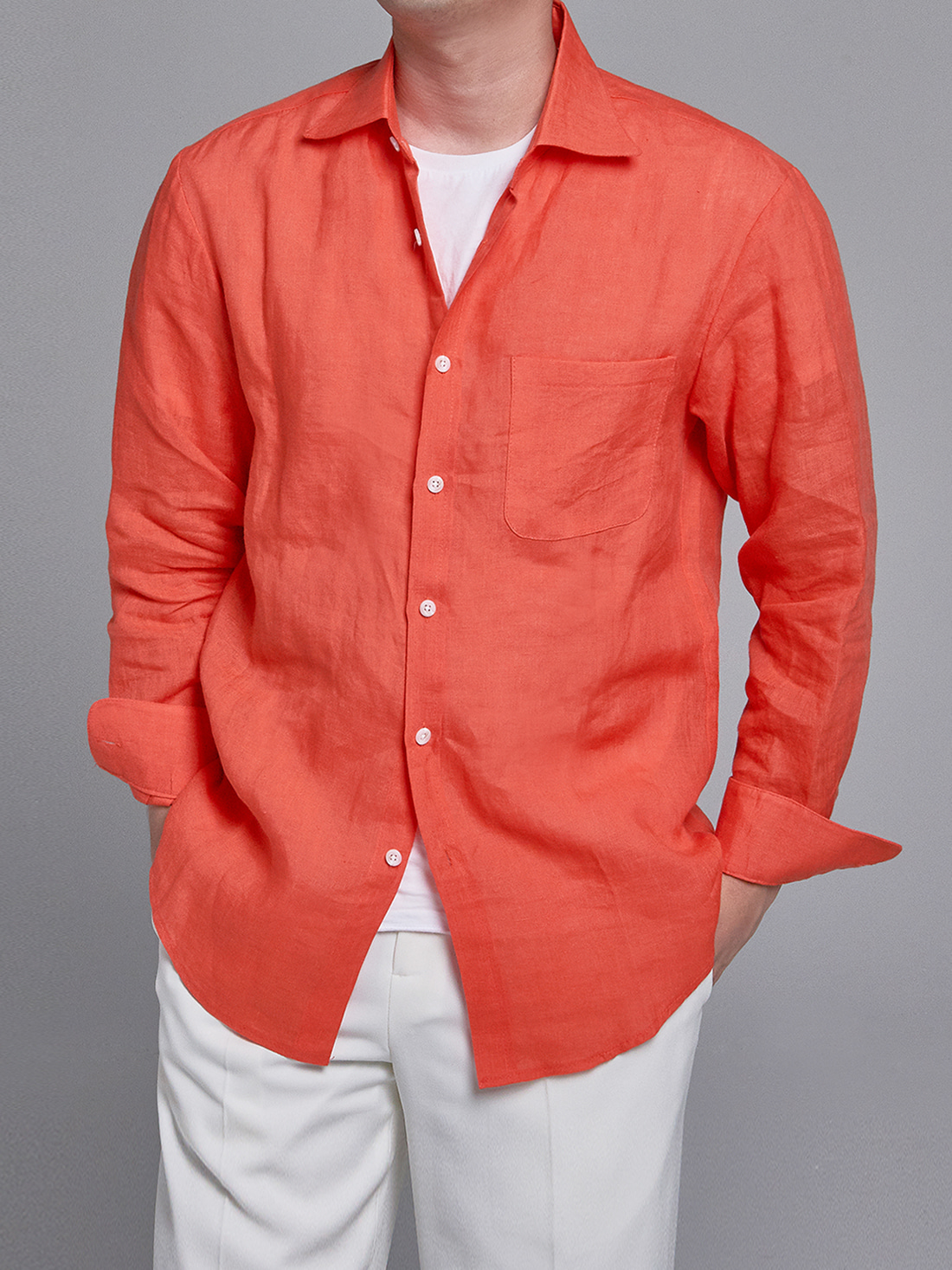 [드베르망] Linen Beach Shirts - Coral Orange