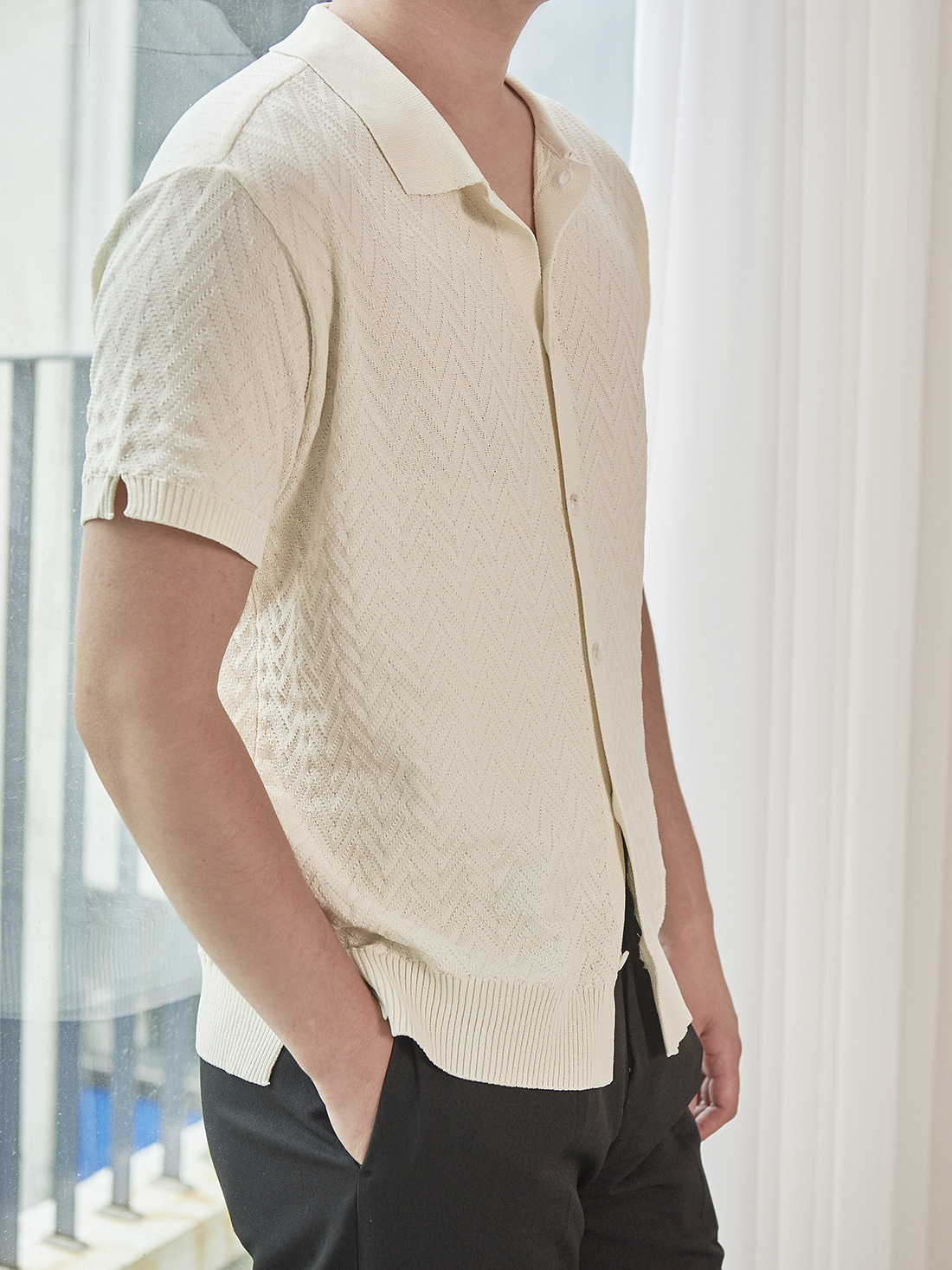 [드베르망] herringbone texture half knit shirts (ivory)