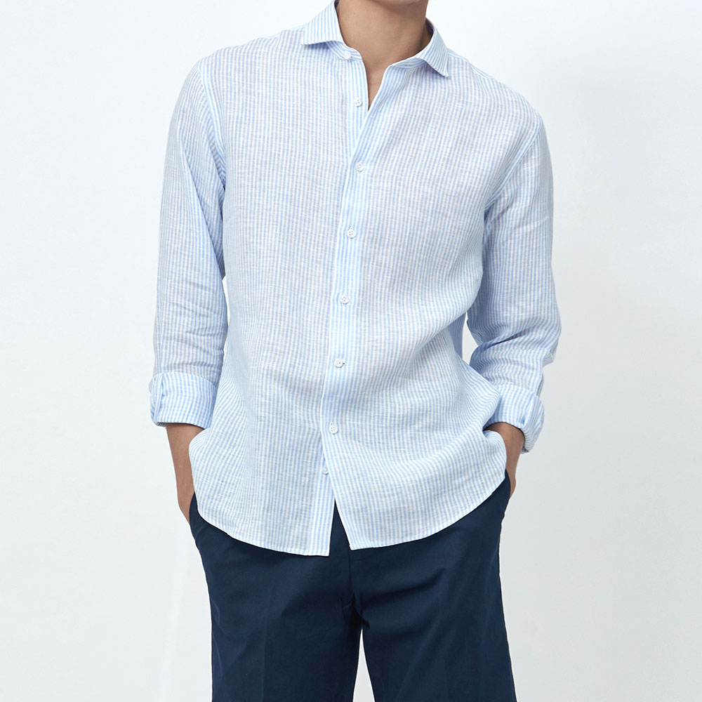 [매너앤대퍼] Cutaway-Collar Linen Shirt Stipe