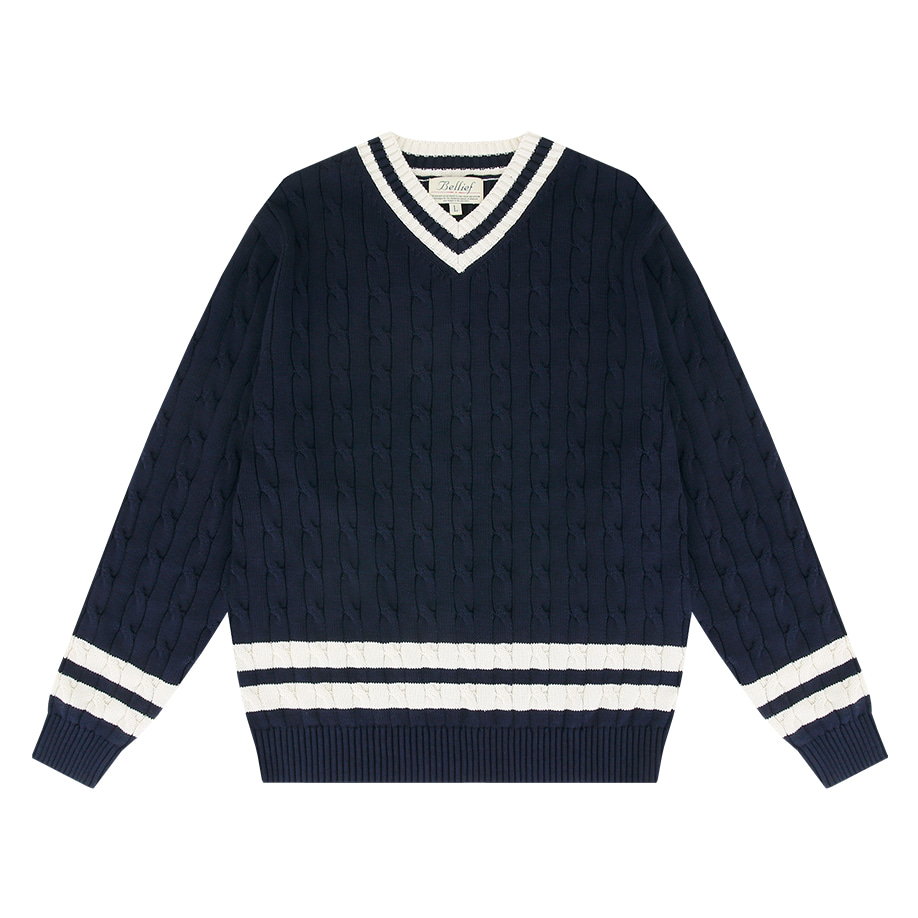 [벨리프] V-neck cable sweater (Navy)